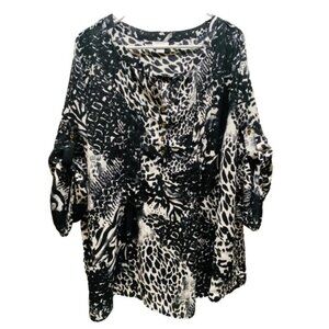 Avenue V-Neck Blouse Women's 20 Black White Animal Print 3/4 Roll Tab Sleeves
